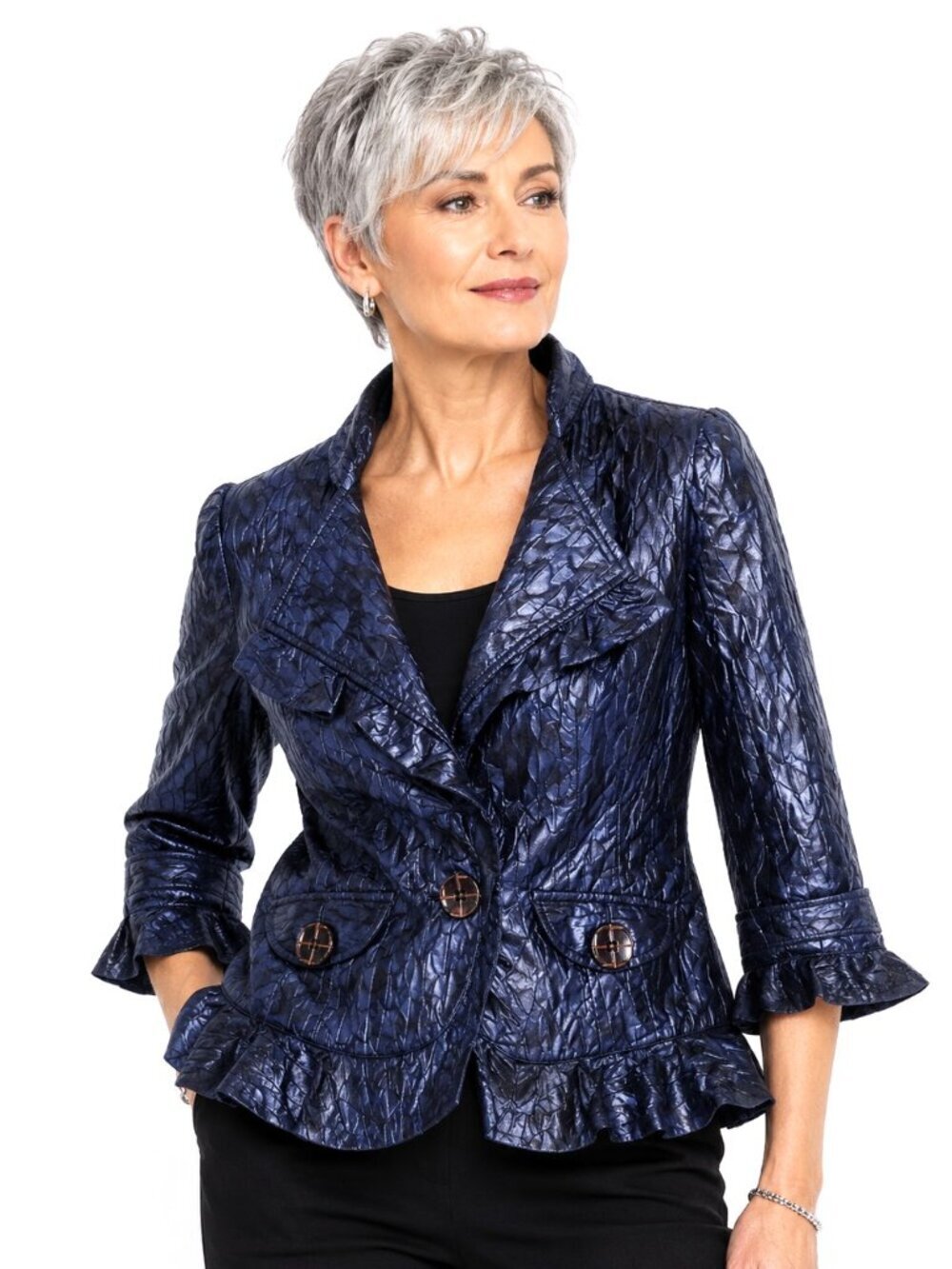 Baxis & Baxis Navy Blue Ruffle Textured Jacket